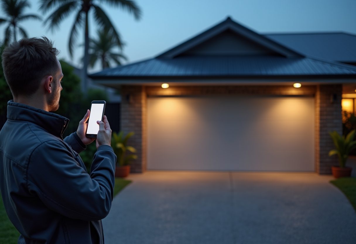 Smart garage door opener installation at dusk — Hamilton